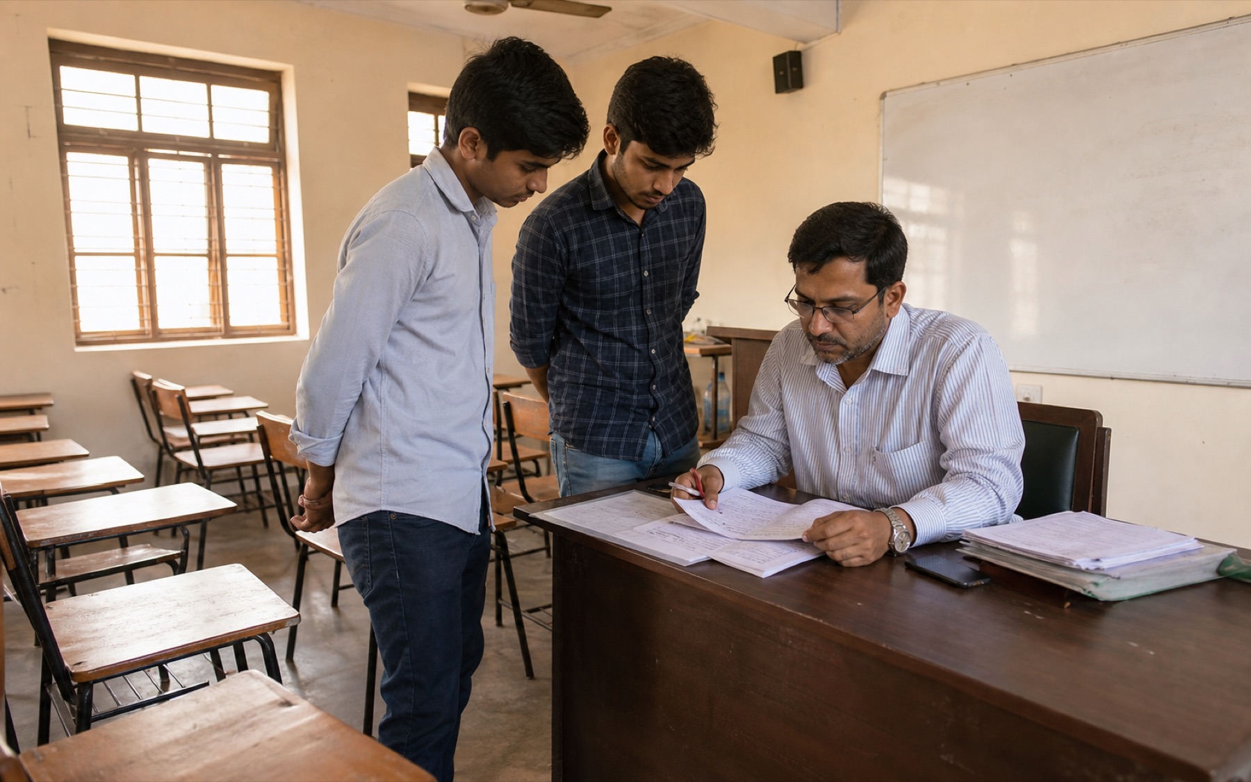An institute teacher reviewing student work in a classroom