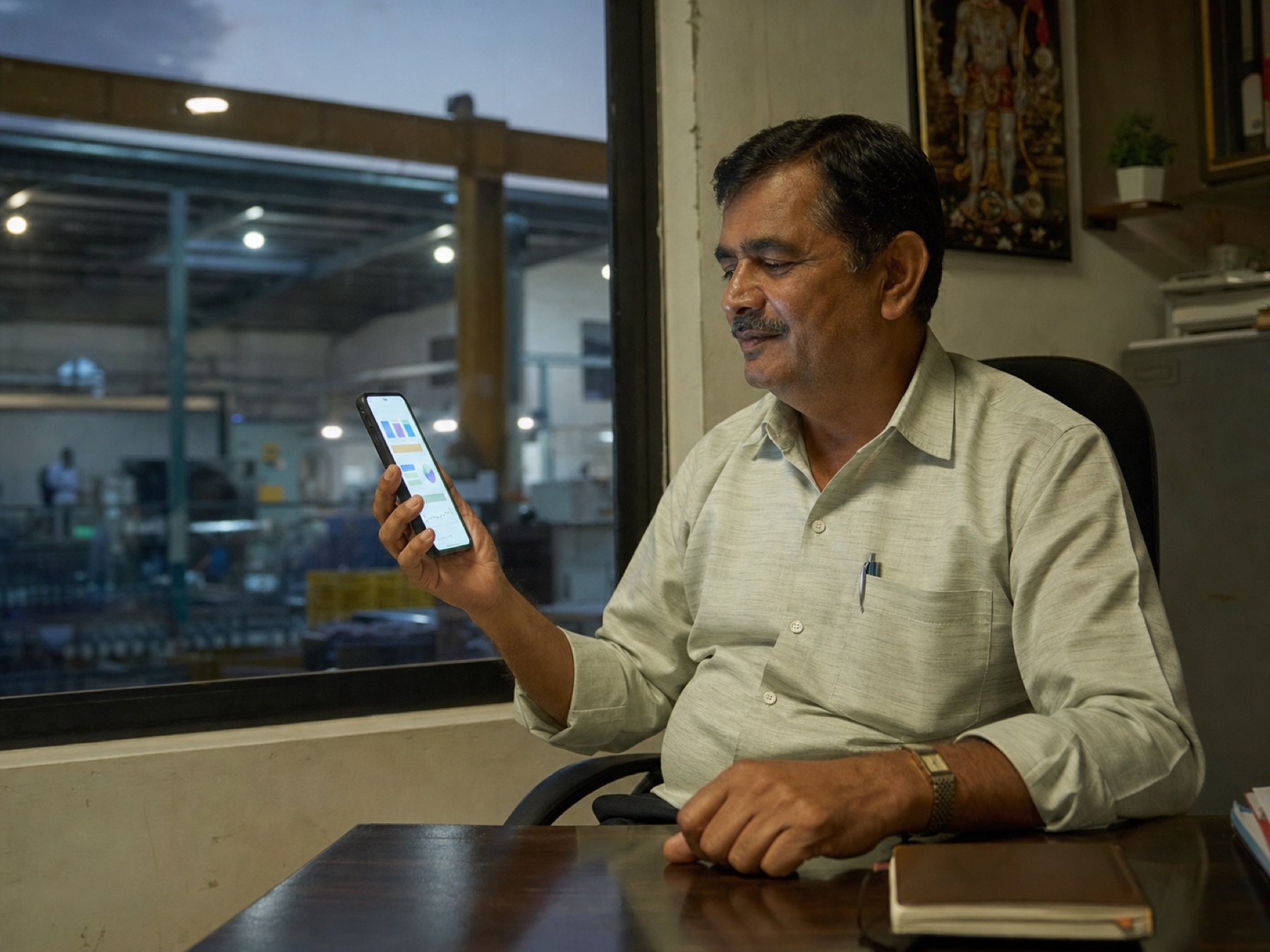 A business owner messaging NitiSol from a Vadodara factory office