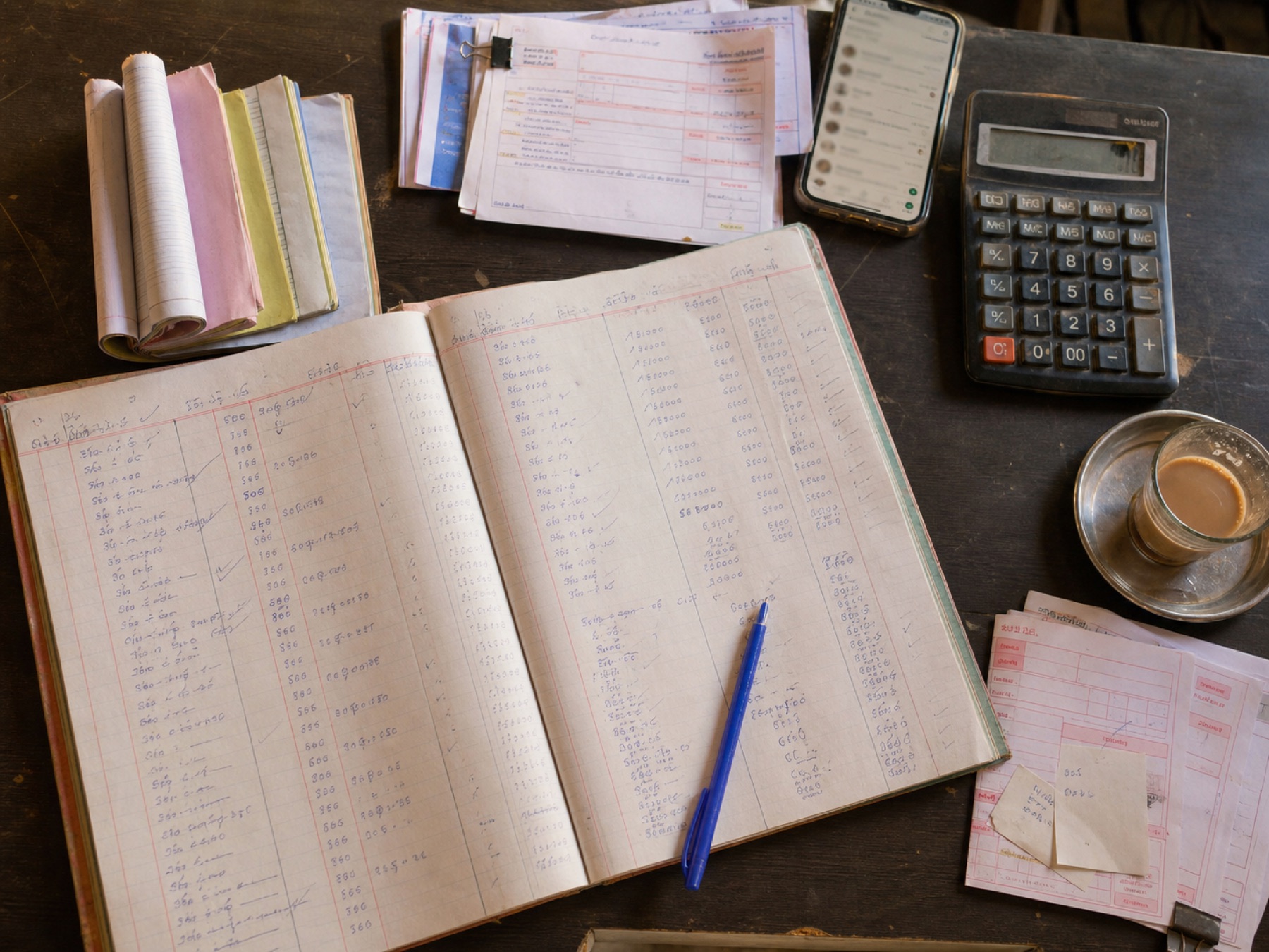 An order register, paperwork and calculator on a working business desk